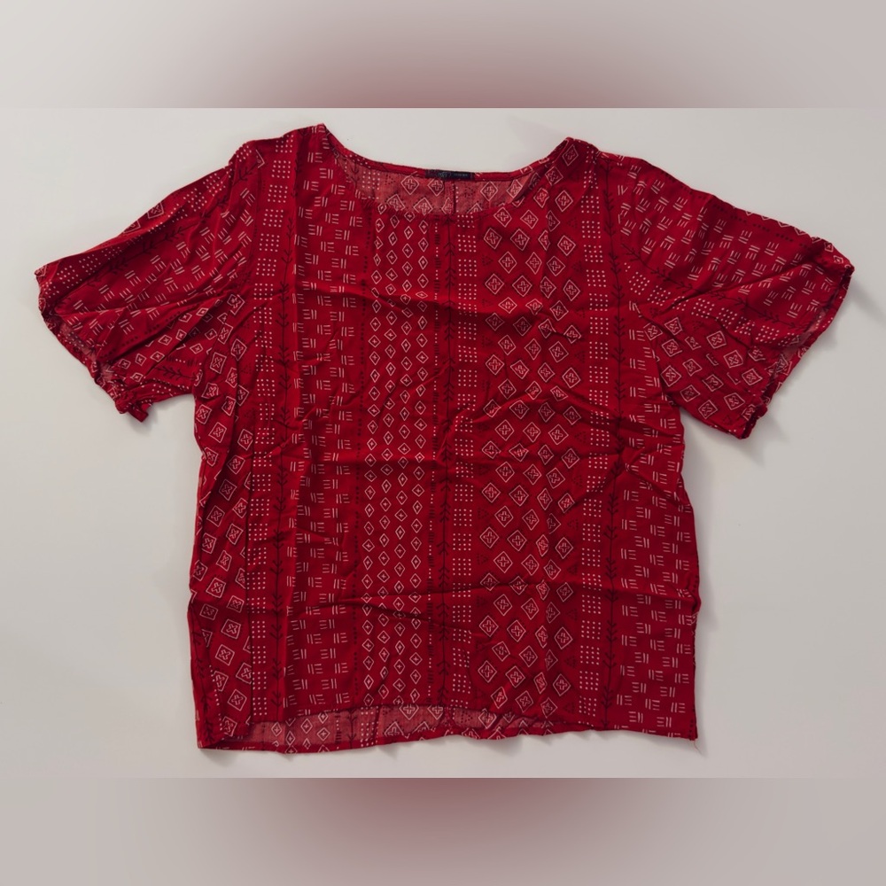Red Geometric Short Sleeve Blouse - Women